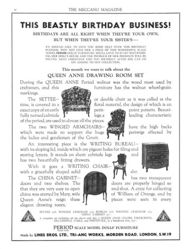 June 1935: Advert for Period dollhouse furniture.