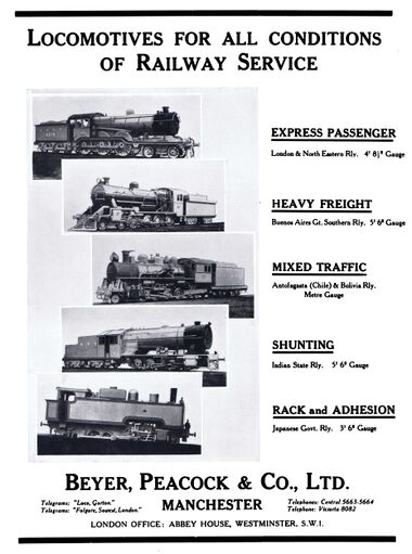 1931: Advert, "Locomotives for all conditions of Railway Service", "Express Passenger / Heavy Freight / Mixed Traffic / Shunting / Rack and Adhesion"
