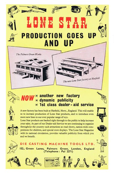 1955: "Lone Star production goes up and up". Note the selection of toys around the page edge, mostly "Cowboys and Indians"-related