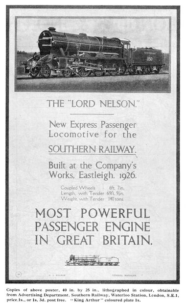 1926 advert for Southern Railway "Lord Nelson 850 locomotive" posters