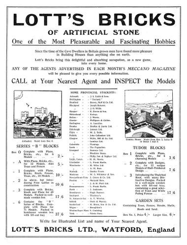 1924: Full-page advert for Lott's Bricks in Meccano Magazine. Includes Set 6