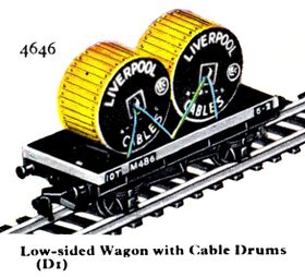 1959: Hornby-Dublo 4646, Low-sided Wagon with Two Cable Drums (Liverpool Cables, LEC)