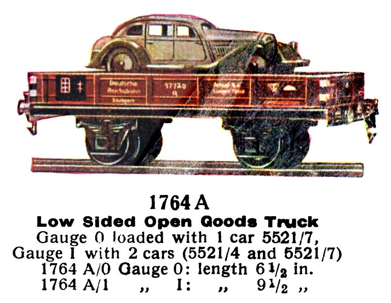 File:Low Sided Open Goods Truck with Car or Cars, Märklin 1764-A (MarklinCat 1936).jpg