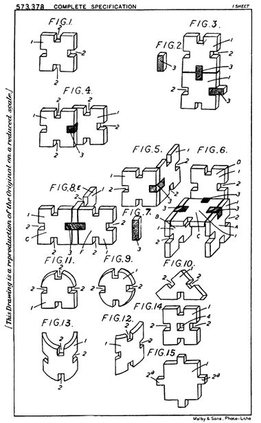 Jozsef Kuna's 1943 patent application drawings, from the espacenet.com European Patent Office site. The patent number is displayed on Makimor box lids and moulded into the plastic pieces