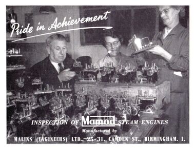 1956: Mamod, "Pride in Achievement: Inspecting Mamod Steam Engines", trade advert. The figure on the left might be Geoffrey Malins