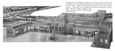 An ambitious Trix Manyways station building exhibited at the British Industries Fair, showcasing new illuminated "shopfront" pieces ("part of our new season's releases") that never seem to have gone into production