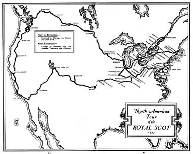 1933 map: North American Tour of the Royal Scot