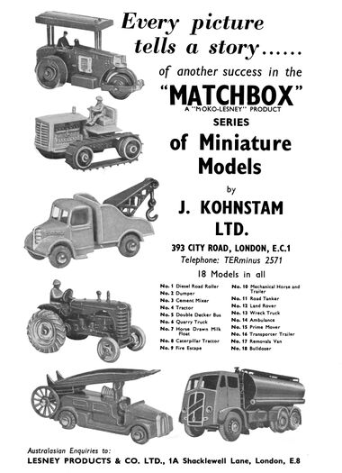 1955: "Matchbox Miniature Models, a Moko-Lesney Product". 18 models listed.