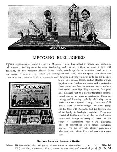 The Meccano Electrical Outfit, the predecessor of Elektrikit (catalogue entry circa ~1920