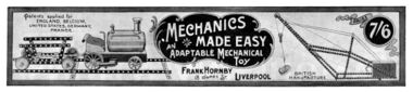 An example of the "Mechanics Made Easy" box lid artwork, from a Meccano Magazine retrospective article published in 1932. Interestingly, this example lists the manufacturer as "Frank Hornby" rather than "E&H"