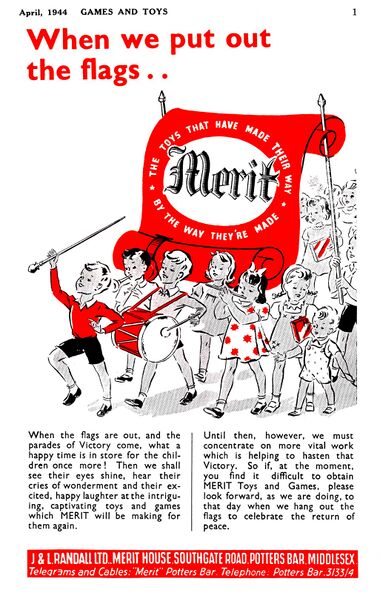 1944: Trade advert from Merit, looking forward to the expected resumption of toy production after the end of World War Two