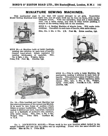 1932: "Miniature Sewing Machines" page from the 1932 Bond's catalogue