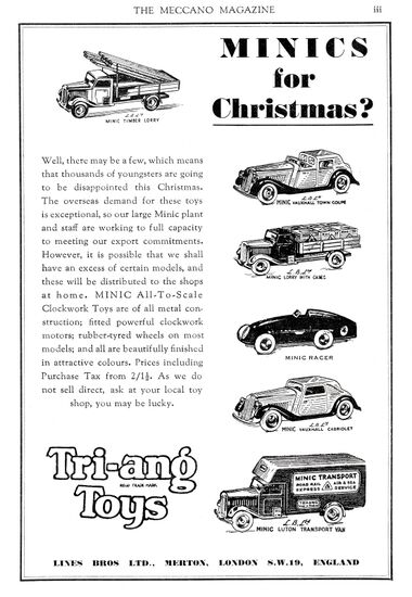 1947: Minics for Christmas?" Anticipating the return of Triang's metal toys to the UK retail market after World War Two