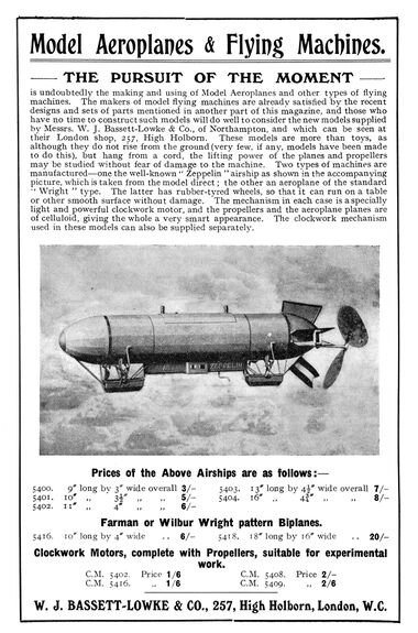 Advert for the company's short-lived "Model Aeroplanes and Flying Machines" range, 1909