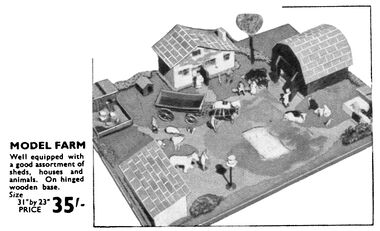 1939: Hamleys catalogue image of a model farm with Johillco figures and accessories