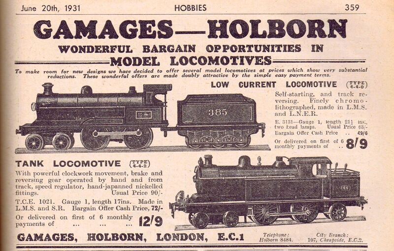 File:Model Locomotives, Märklin E3131, TCE 1021 Gamages of Holborn (HW 1931-06-31).jpg