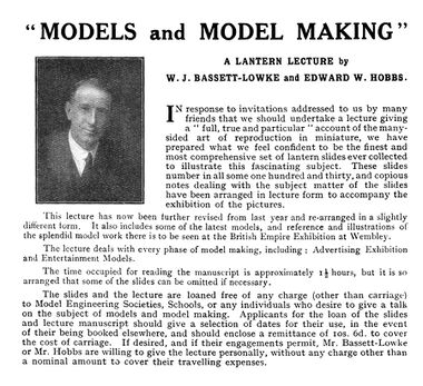 1924: Slideshow lectures given by Hobbs with W.J. Bassett-Lowke