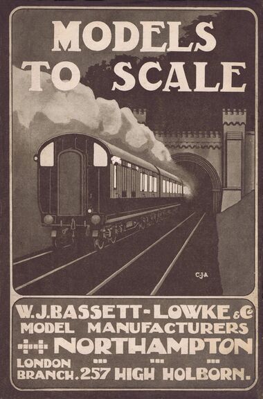 1909 Bassett-Lowke advert with artwork by Cecil J. Allen, possibly featuring a stylised version of the Clayton Tunnel entrance