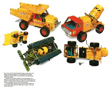 Meccano Multikit models retrofitted with electric and clockwork motors