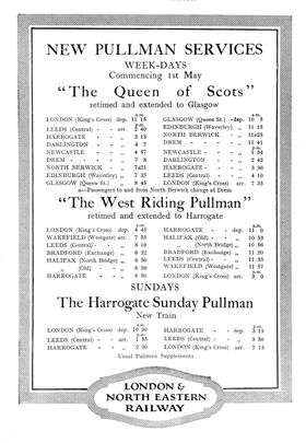 1928: New LNER Pullman Sevices: "The Queen of Scots", "The West Riding Pullman", "The Harrogate Sunday Pullman"