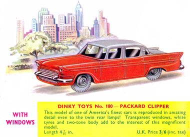 1958: Dinky Toys Packard Clipper, prelaunch for October 1958. Dinky respond to the "Corgi" threat with two-tone paintwork - and WITH WINDOWS (!)