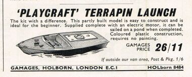 1961: Playcraft "Terrapin" Launch, plastic toy boat kit with electric motor