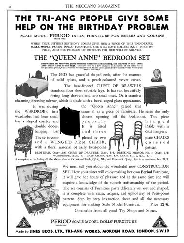 August 1935: Advert for the Queen Anne Period Bedroom sets, and Construction Sets