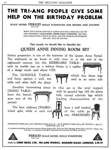 July 1935: Advert for the Queen Anne Period Dining Room Set of dollhouse furniture