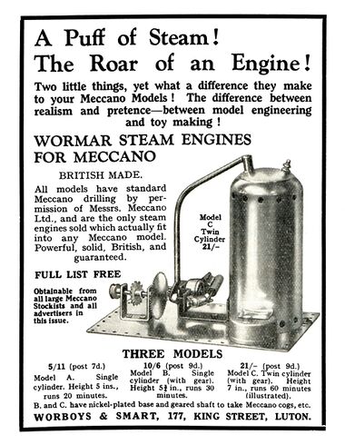 1927: "A Puff of Steam! The Roar of an Engine", "the only steam engines sold which actually fit into any Meccano model