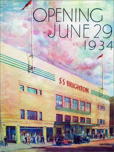 1934: Poster for the S.S. Brighton opening, 29th June 1934. This would seem to be the West Street frontage, which would put St. Paul's Church directly to the right of the picture