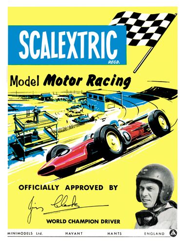 1966: "Scalextric Model Motor racing, officially approved by Jim Clark, World Champion Driver"