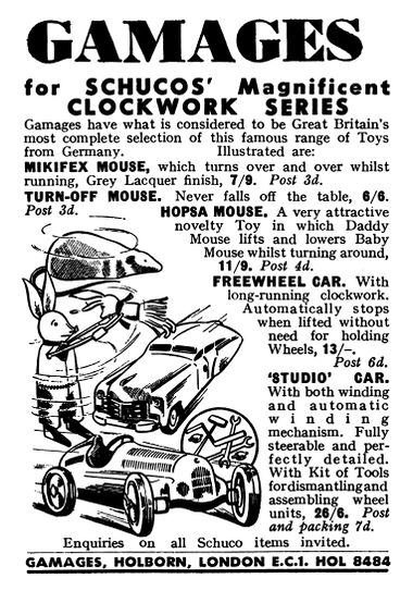 1954: Gamages for Schuco's Magnificent Clockwork Series