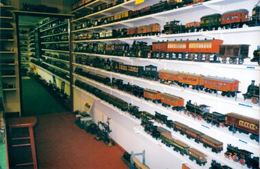 Some of the shelving for Ward Kimball's model railroad collection