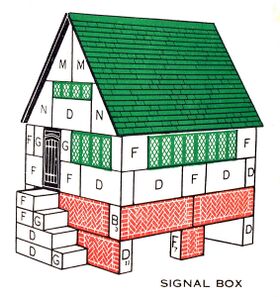 An earlier attempt at a similar signal cabin design for Lott's Tudor Blocks ... since a "Tudor" signal cabin with leaded windows would not have been exactly authentic, the Lodomo sets were a big advantage for modern buildings