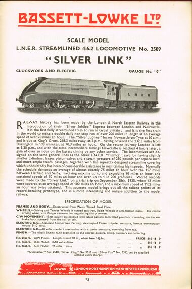 December 1936: Silver Link locos in the B-L "Model Railways" catalogue. Note the high initial price of £16-16.