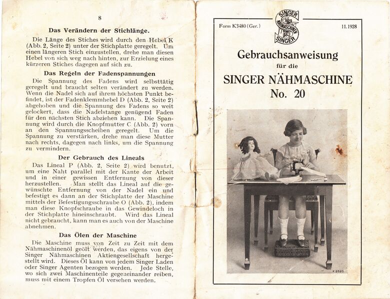 File:Singer Model 20 sewing machine, German instruction manual, front and back pages (SingerK3480 1928).jpg