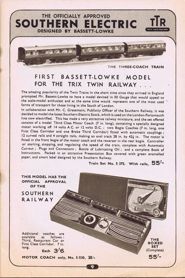 "The first Bassett-Lowke model for the Trix Twin Railway", 1938 catalogue page