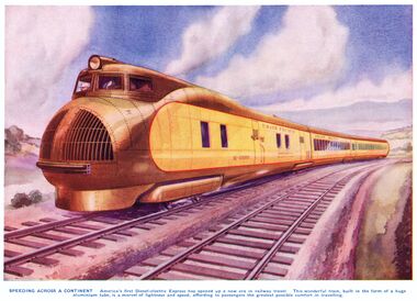 1935: "Speeding Across a Continent", Union Pacific M-10000, colour illustration