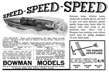 1933: "SPEED -SPEED - SPEED!". Bowman Swallow advert in Meccano Magazine