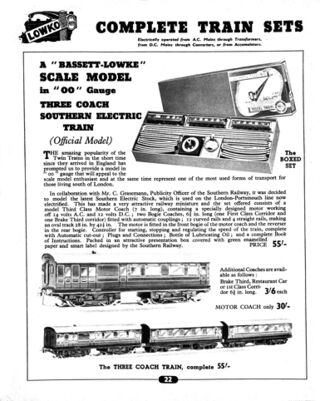 TTR catalogue page on the green Southern electric train set 5/375, circa ~1939