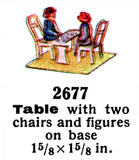 1936: Märklin 2677, a smaller two-person version. The two-seat version has a pair of figures sitting opposite each other over a bench-style table, and unlike the four-seat version 2678, there are no green splashes at the corners of the base to suggest vegetation – the two-seat version was "dual use", and could be fitted inside some of the shorter Märklin coaches to provide interior detail.