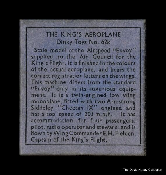 File:The Kings Aeroplane, Airspeed Envoy, box lid (Dinky Toys 62k).jpg
