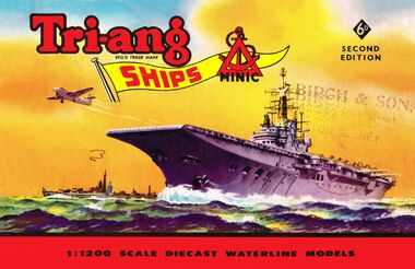 1960: Aircraft carrier artwork, on the cover of the Triang Minic Ships catalogue, second edition