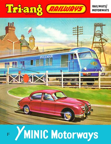 1964: Tri-ang Railways / Minic Motorways catalogue cover, showing a Jaguar car racing against a Blue Pullman