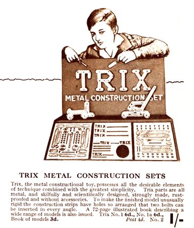 1932: Trix metal construction set advert (Gamages catalogue)