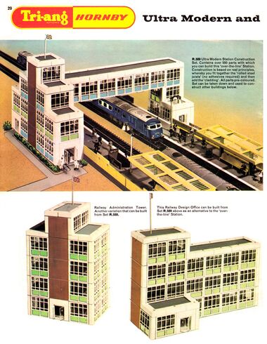 1966: Tri-ang Hornby R.589 Ultra-Modern Station Construction Set. An attempt to repurpose the Arkitex system, with Tri-ang Hornby branding.