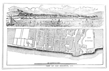 1777: Street plan of the seaward side of Old Brighton. Note the battery gun emplacement near the Steyne, to defend against invaders