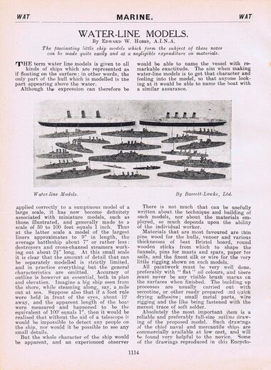 1928: A general article by Bassett-Lowke's Edward W. Hobbs on the construction of waterline ship models, for the encyclopedia Wonderful Models