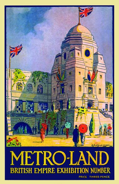 1924 edition of Metro-Land, British Empire Exhibition issue, showing the Imperial Stadium (to become Wembley Stadium). Artwork by C.A. Wilkinson
