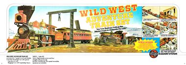 alt=1976: Wild West Adventure Train Set 54051, "See how Badmen hold up the Western train to dynamite the safe!" ACTION MODULE * Overhead Gantry * Log Cabin Detonator * Four moveable Bandits plus two additional Cowboys * Rock with hidden trigger feature